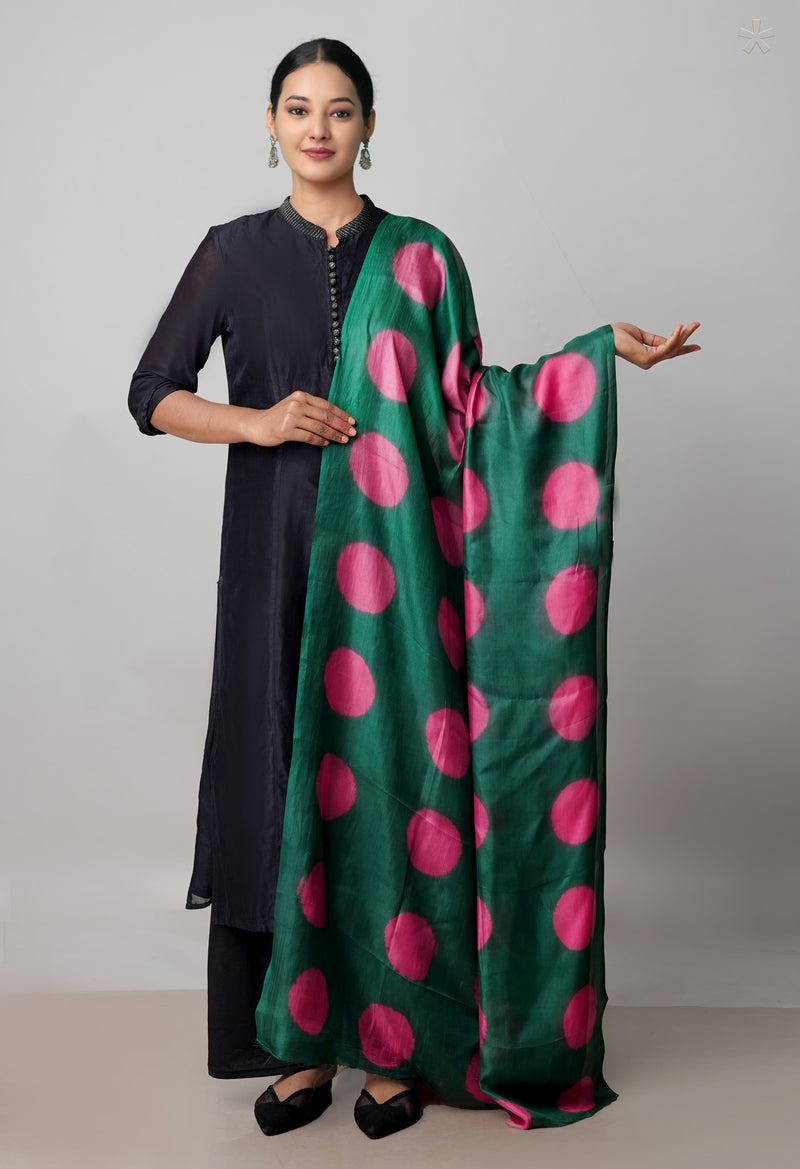 Dark Green Pure Handloom Clamp Dyeing Mysore Silk Dupatta–UDS5114