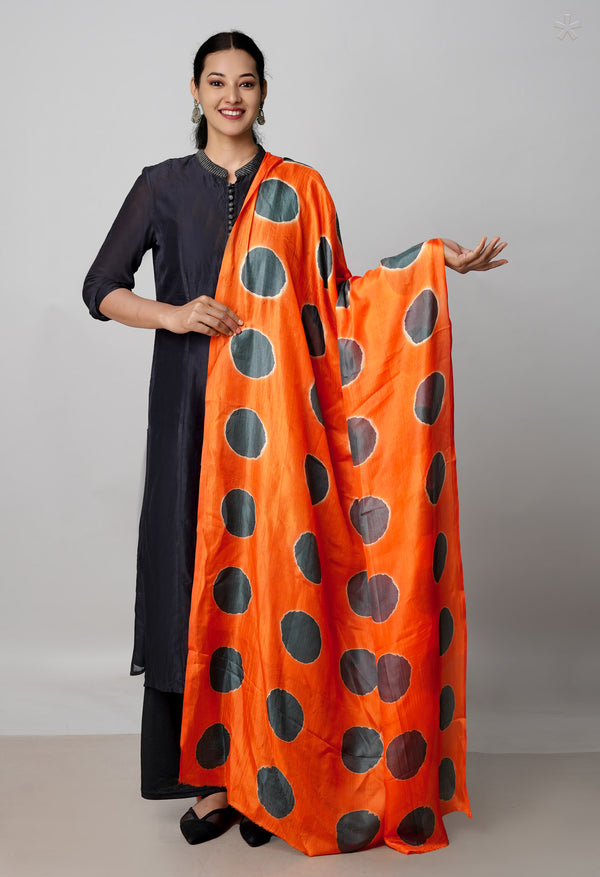 Orange Pure Handloom Clamp Dyeing Mysore Silk Dupatta–UDS5115