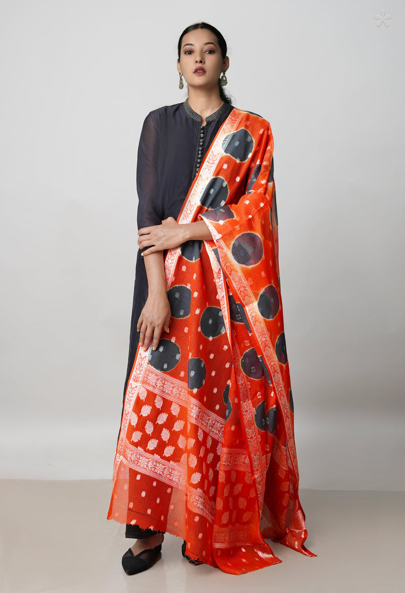 Orange Pure Clamp Dyeing Kota Cotton Dupatta–UDS5122