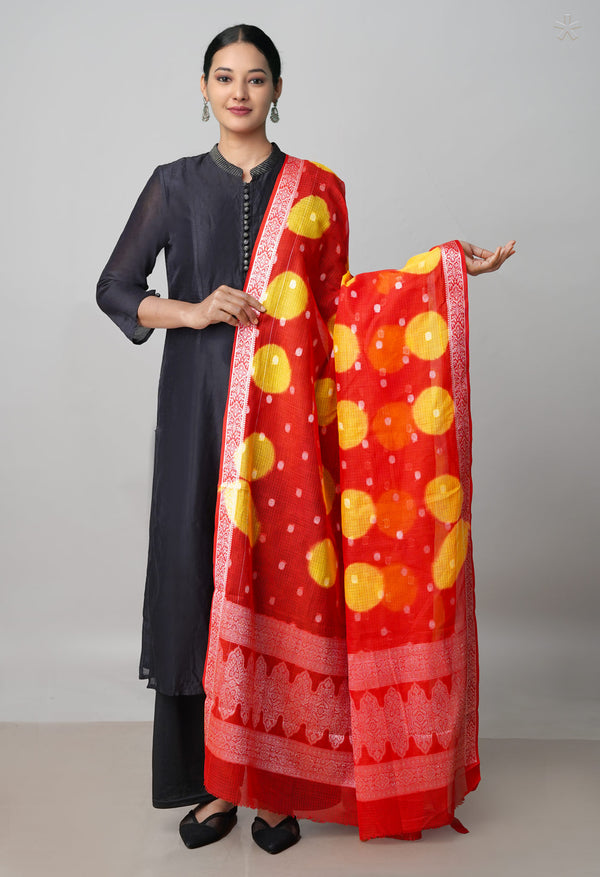 Red Pure Clamp Dyeing Kota Cotton Dupatta–UDS5124