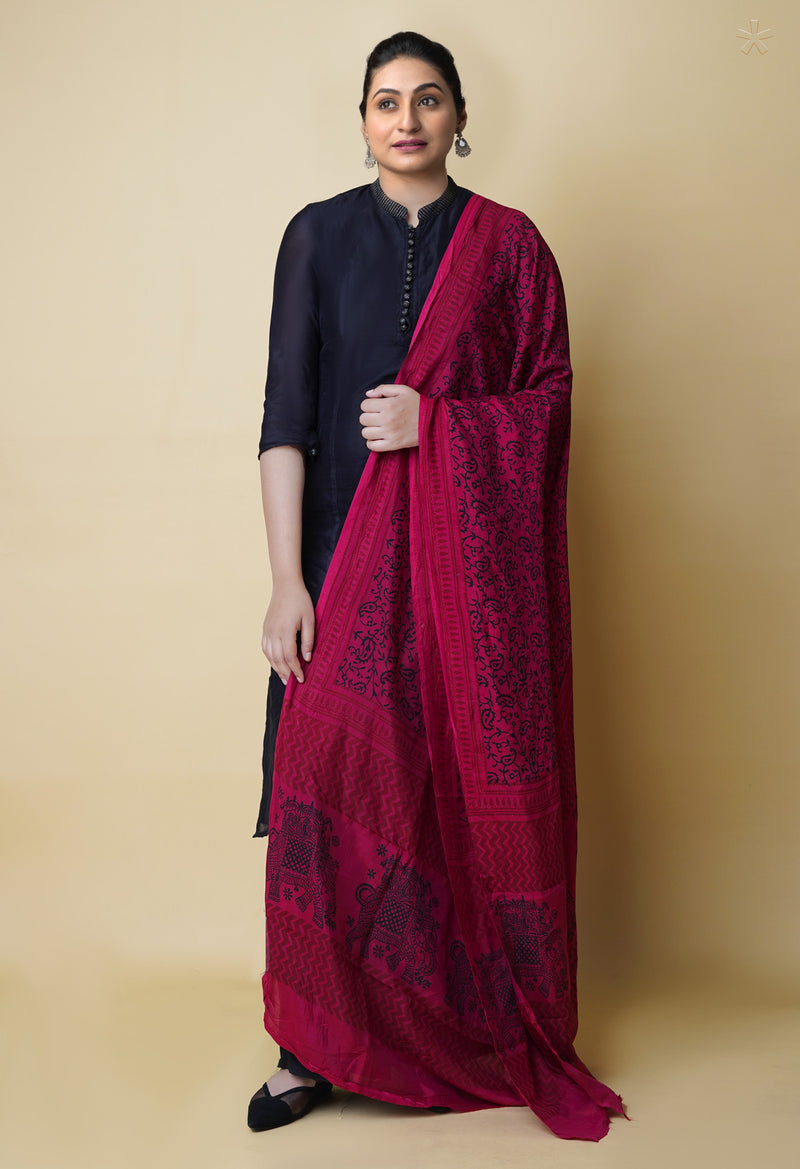 Hippie Pink Bagh Printed Chanderi Soft Silk Dupatta–UDS5165