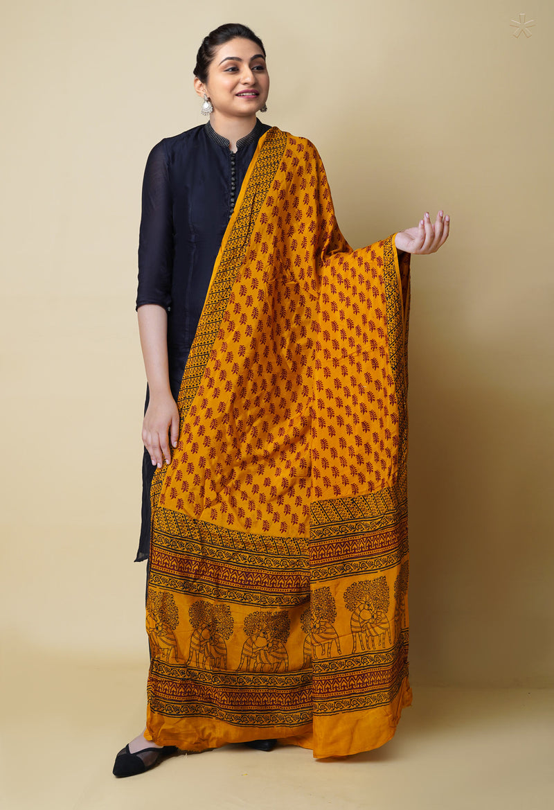 Turmeric Yellow Bagh Printed Chanderi Soft Silk Dupatta–UDS5172