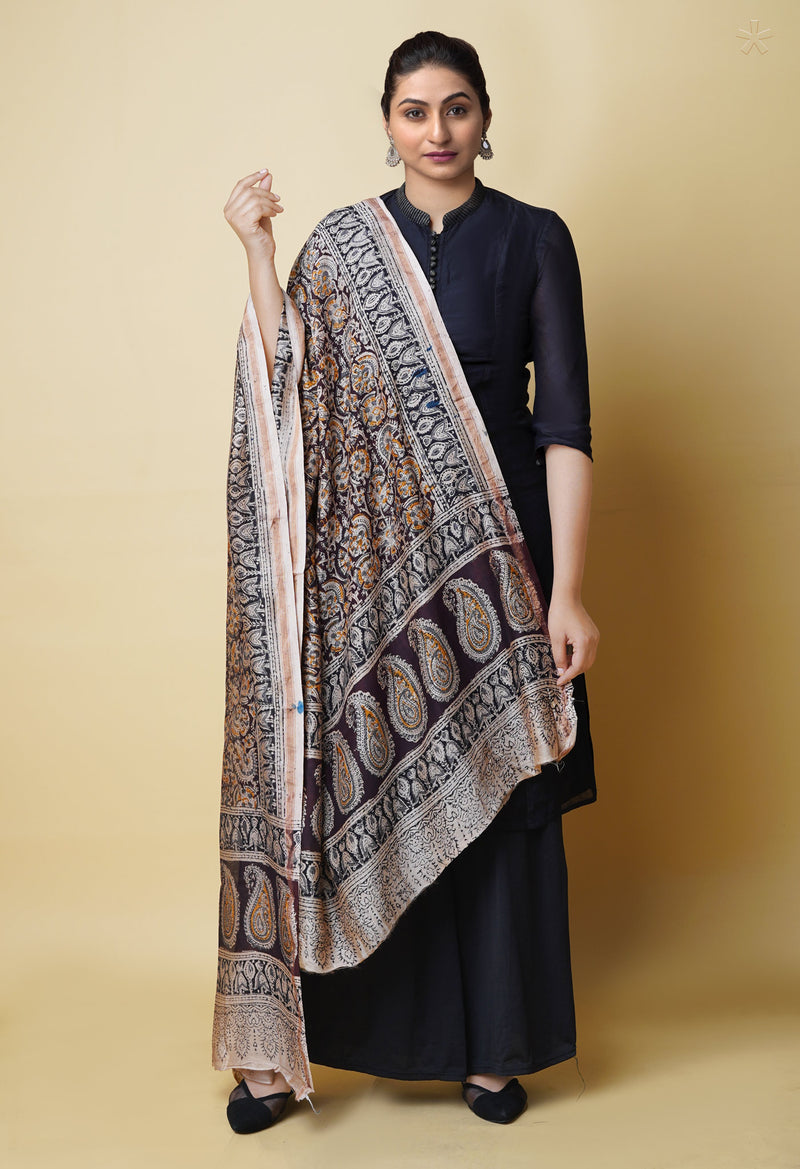 Multi Pure Chanderi Hand Block Printed Kalamkari Dupatta–UDS5176