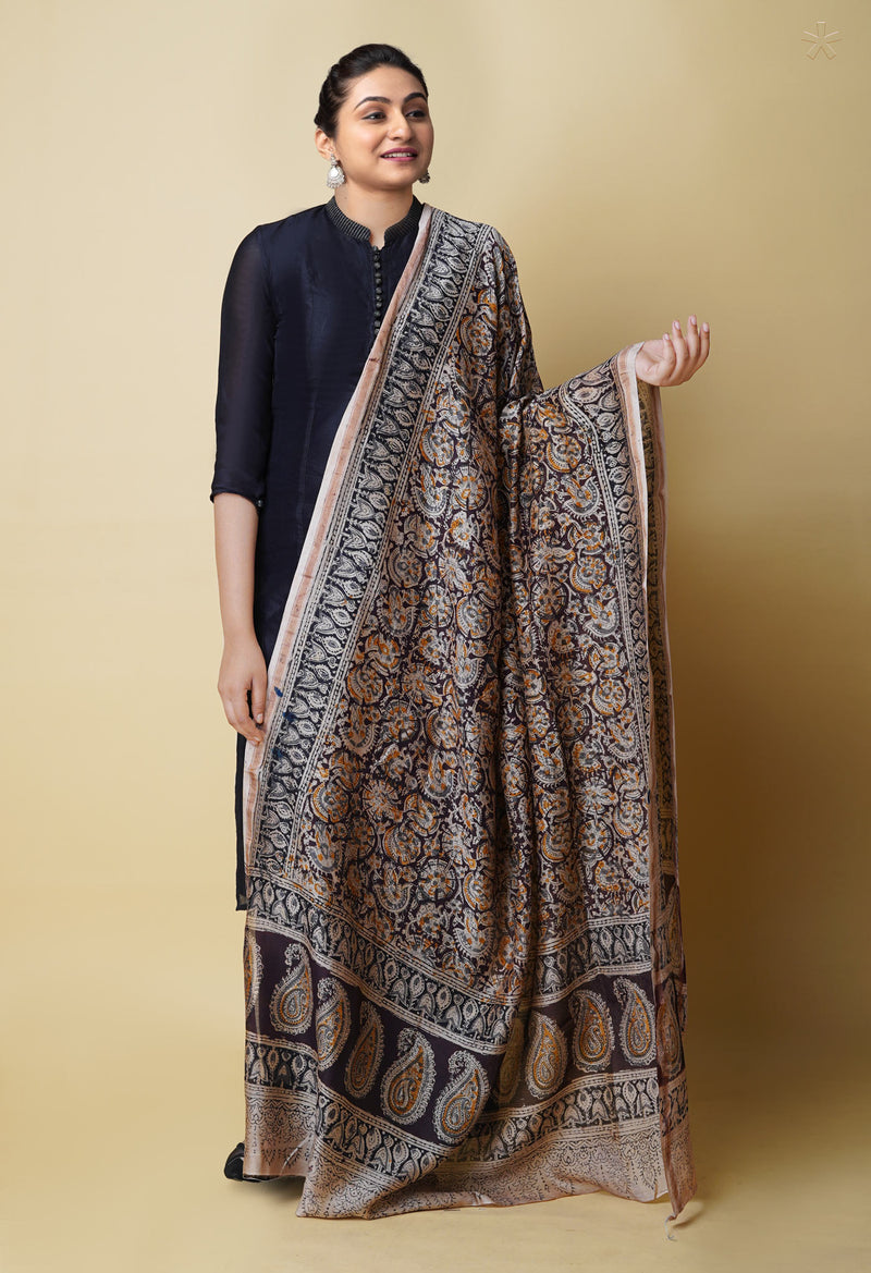Multi Pure Chanderi Hand Block Printed Kalamkari Dupatta–UDS5176