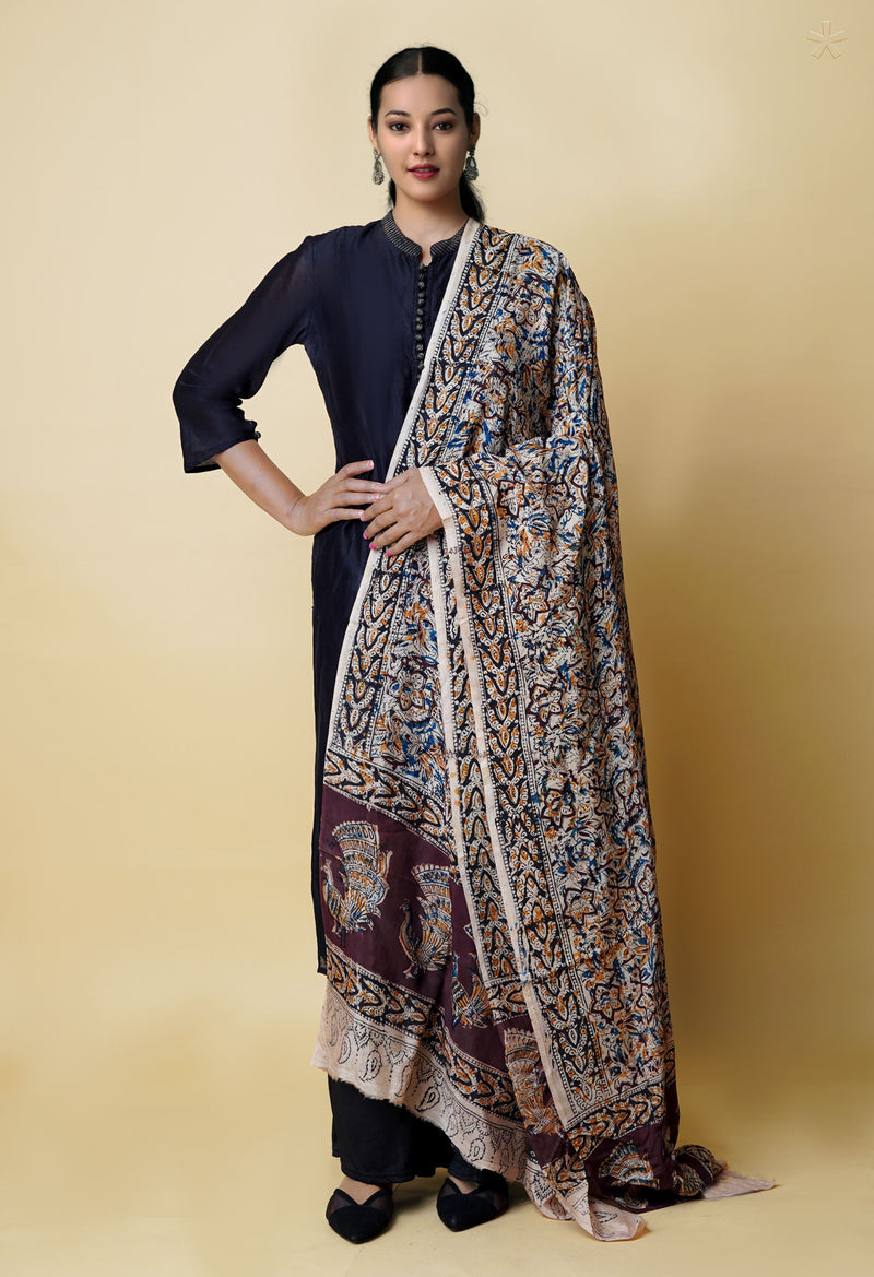 Multi Pure Chanderi Hand Block Printed Kalamkari Dupatta–UDS5178
