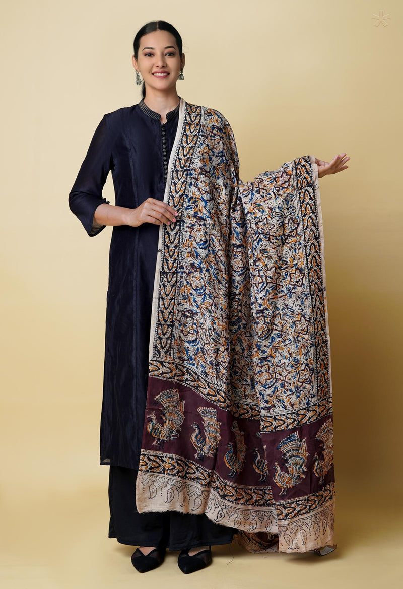 Multi Pure Chanderi Hand Block Printed Kalamkari Dupatta–UDS5178
