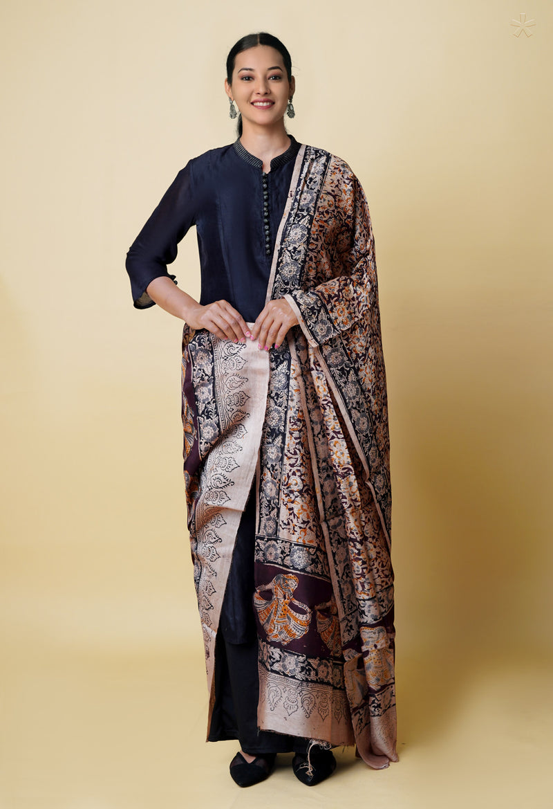 Multi Pure Chanderi Hand Block Printed Kalamkari Dupatta–UDS5181