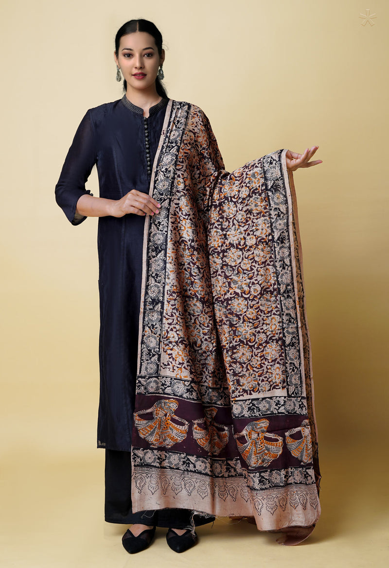 Multi Pure Chanderi Hand Block Printed Kalamkari Dupatta–UDS5181
