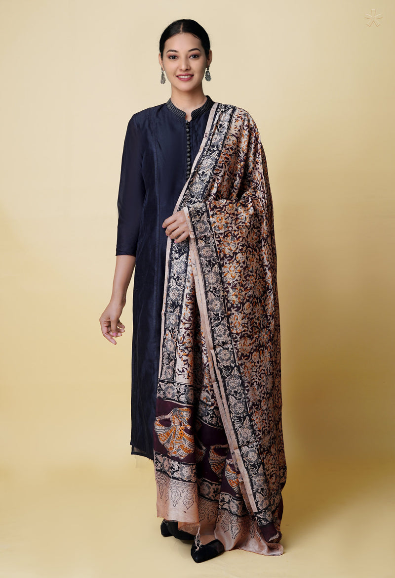 Multi Pure Chanderi Hand Block Printed Kalamkari Dupatta–UDS5182