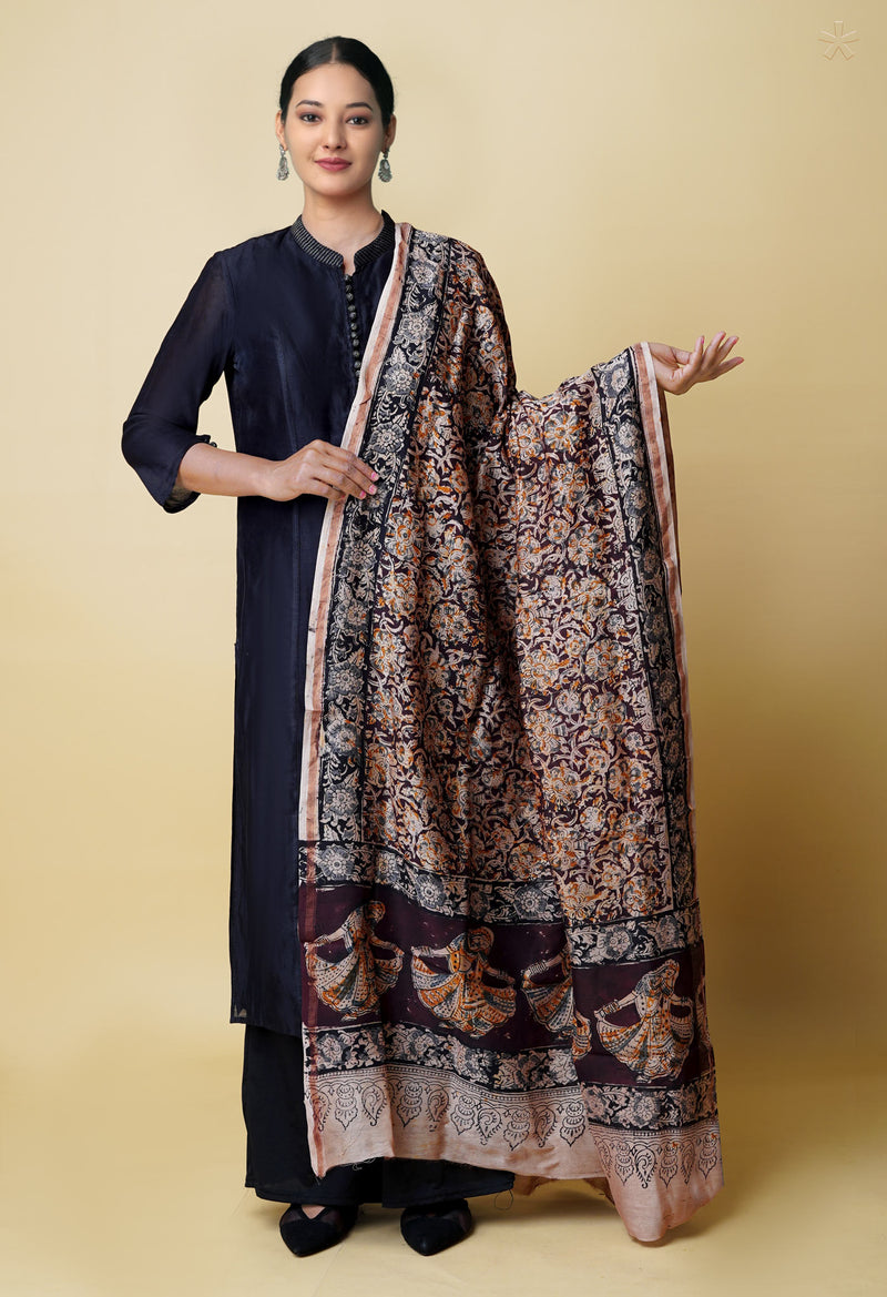 Multi Pure Chanderi Hand Block Printed Kalamkari Dupatta–UDS5182