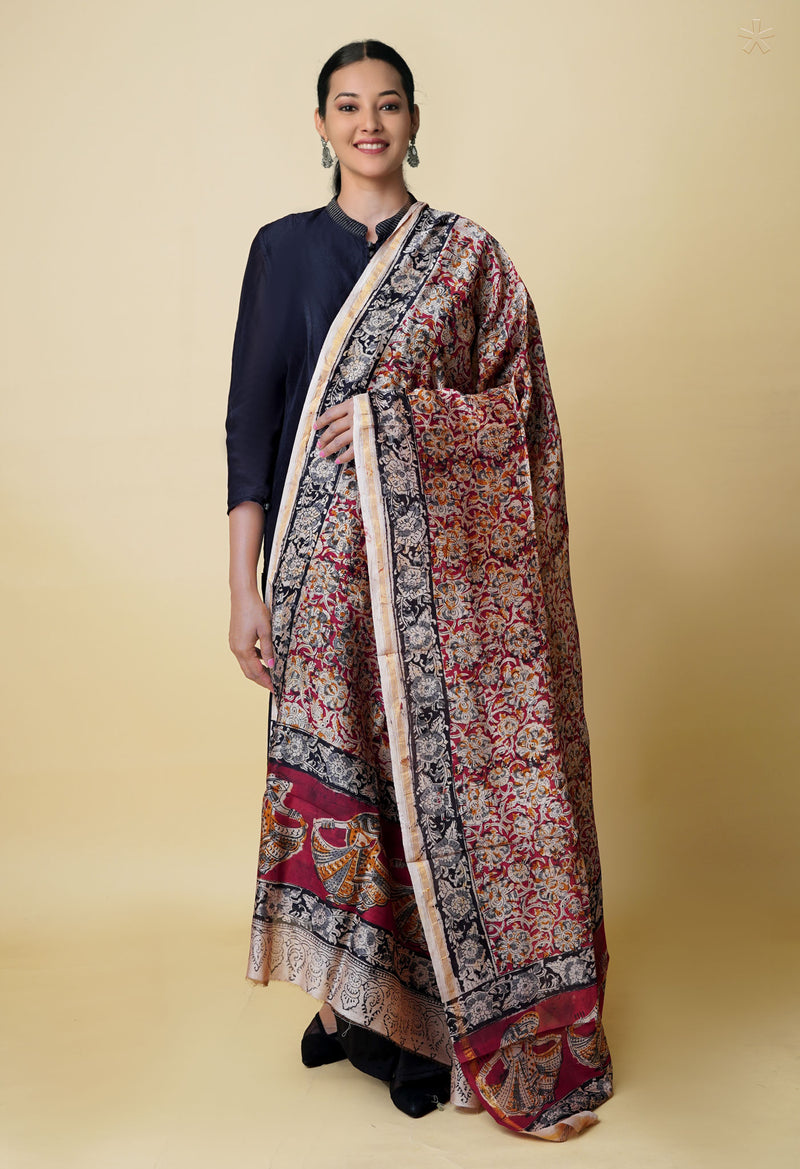 Multi Pure Chanderi Hand Block Printed Kalamkari Dupatta–UDS5184