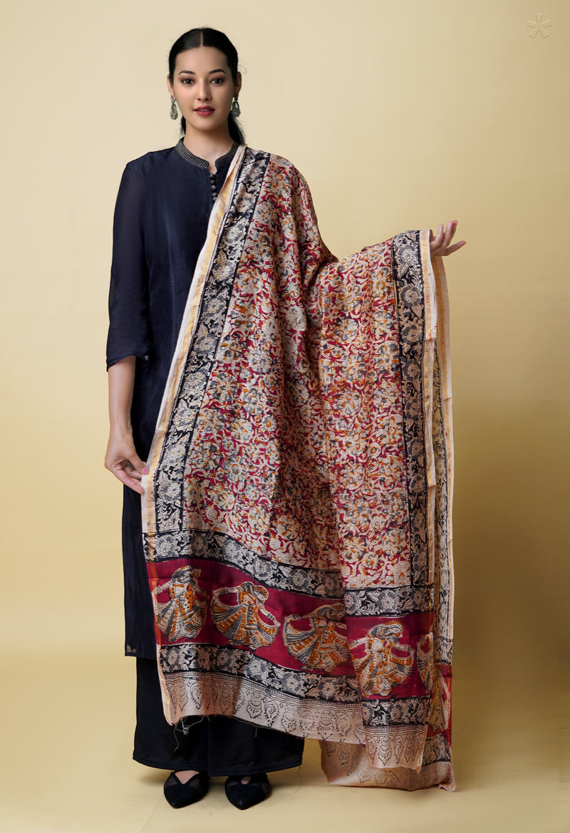 Multi Pure Chanderi Hand Block Printed Kalamkari Dupatta–UDS5184