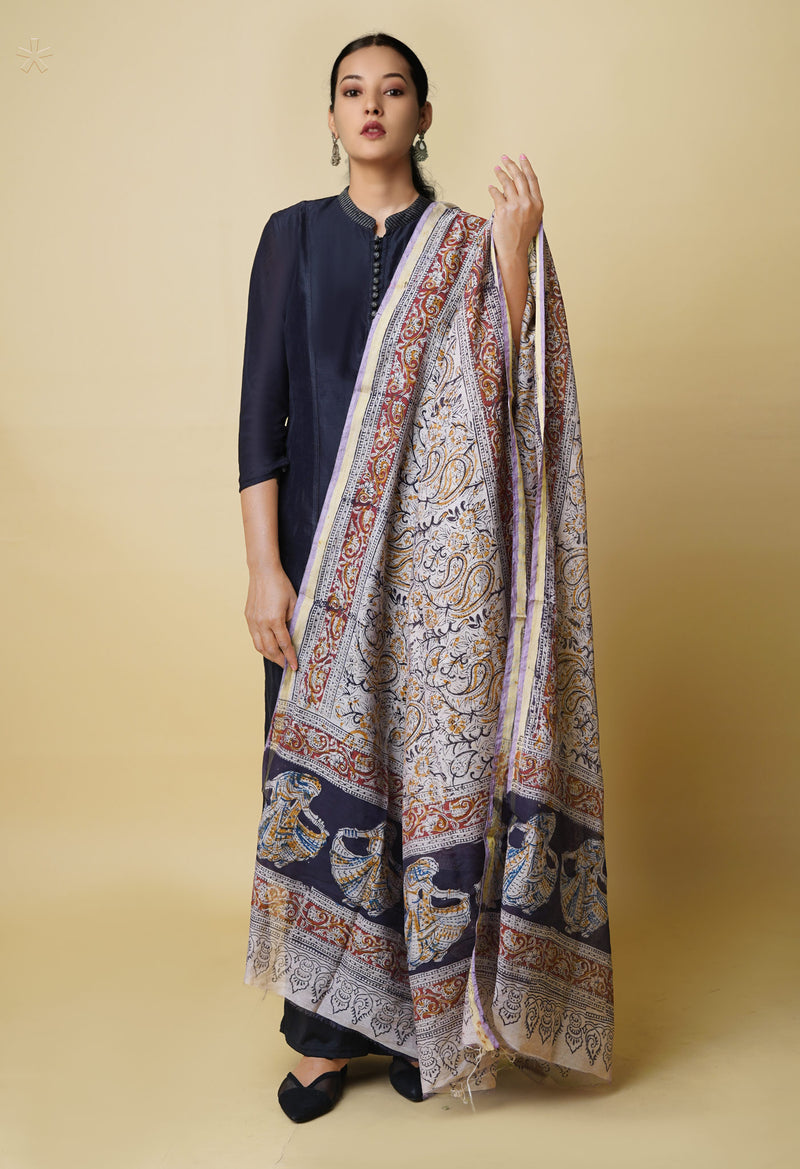 Multi Pure Chanderi Hand Block Printed Kalamkari Dupatta–UDS5185
