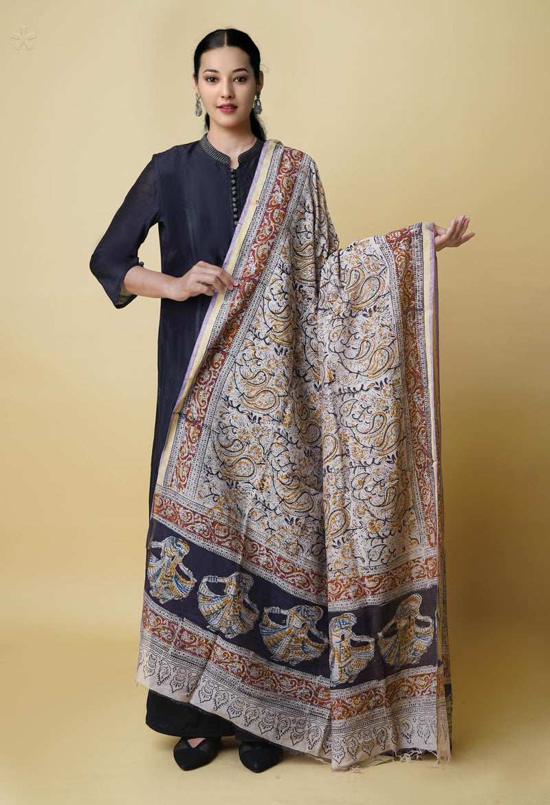 Multi Pure Chanderi Hand Block Printed Kalamkari Dupatta–UDS5185