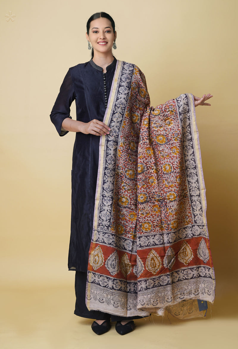 Multi Pure Chanderi Hand Block Printed Kalamkari Dupatta–UDS5186