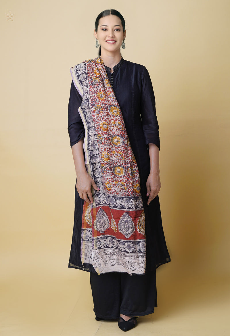 Multi Pure Chanderi Hand Block Printed Kalamkari Dupatta–UDS5186