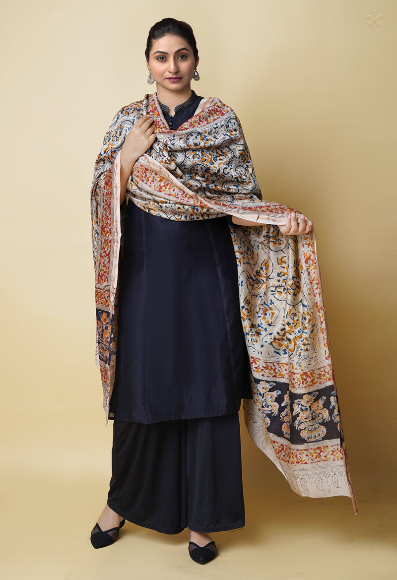 Multi Pure Chanderi Hand Block Printed Kalamkari Dupatta–UDS5188
