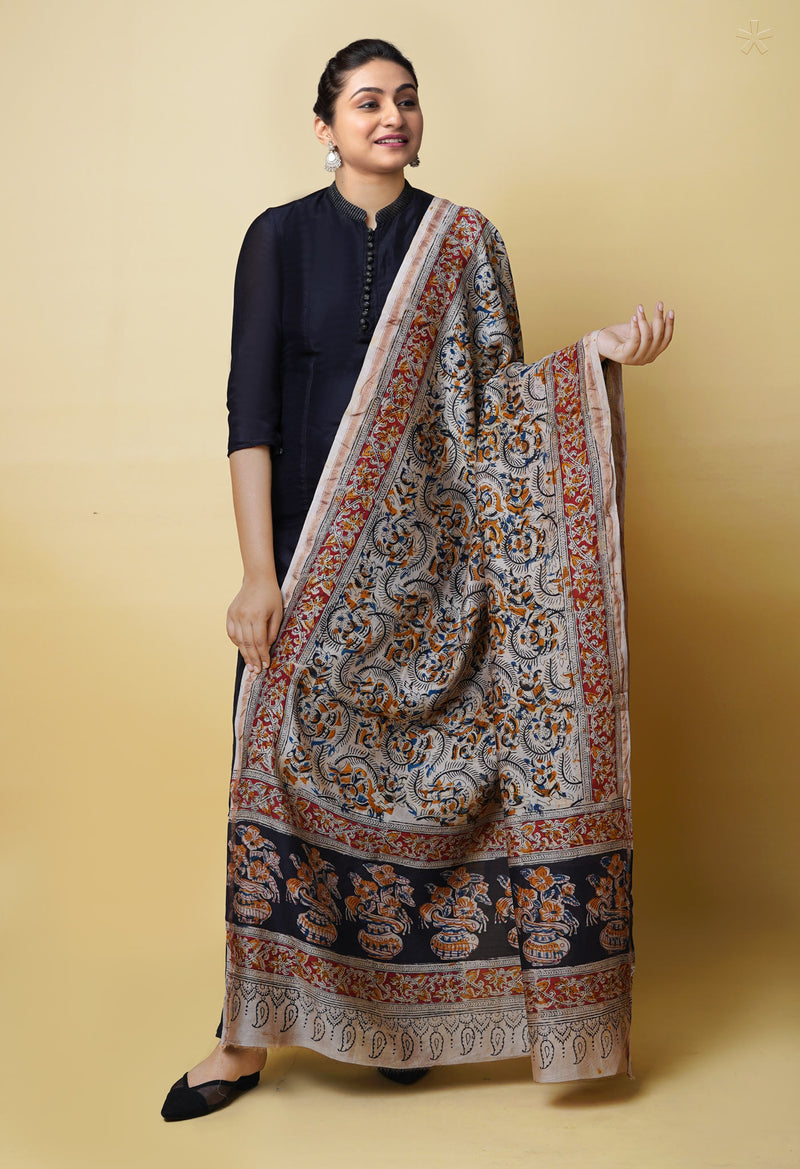 Multi Pure Chanderi Hand Block Printed Kalamkari Dupatta–UDS5188