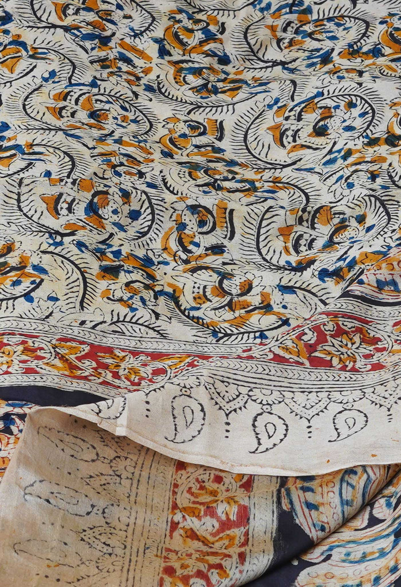 Multi Pure Chanderi Hand Block Printed Kalamkari Dupatta–UDS5188