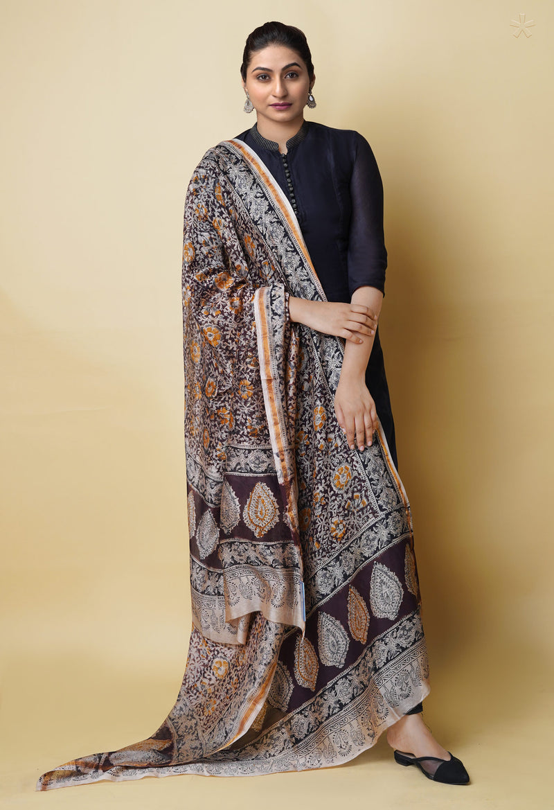 Multi Pure Chanderi Hand Block Printed Kalamkari Dupatta–UDS5189