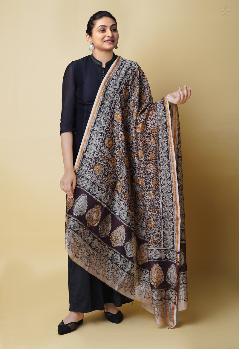 Multi Pure Chanderi Hand Block Printed Kalamkari Dupatta–UDS5189