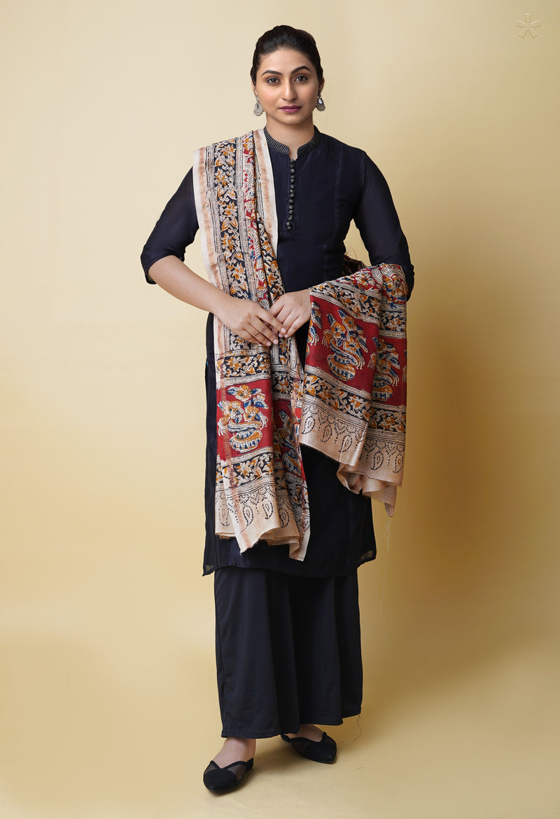 Multi Pure Chanderi Hand Block Printed Kalamkari Dupatta–UDS5191
