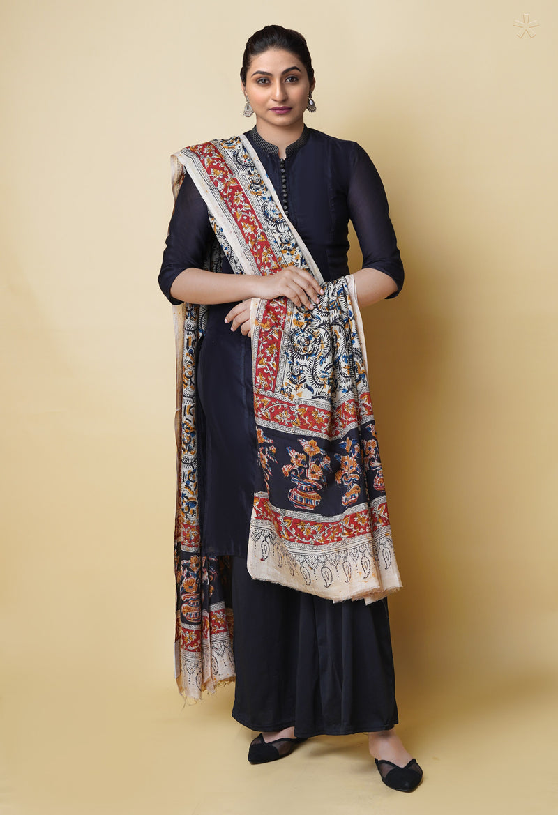 Multi Pure Chanderi Hand Block Printed Kalamkari Dupatta–UDS5193