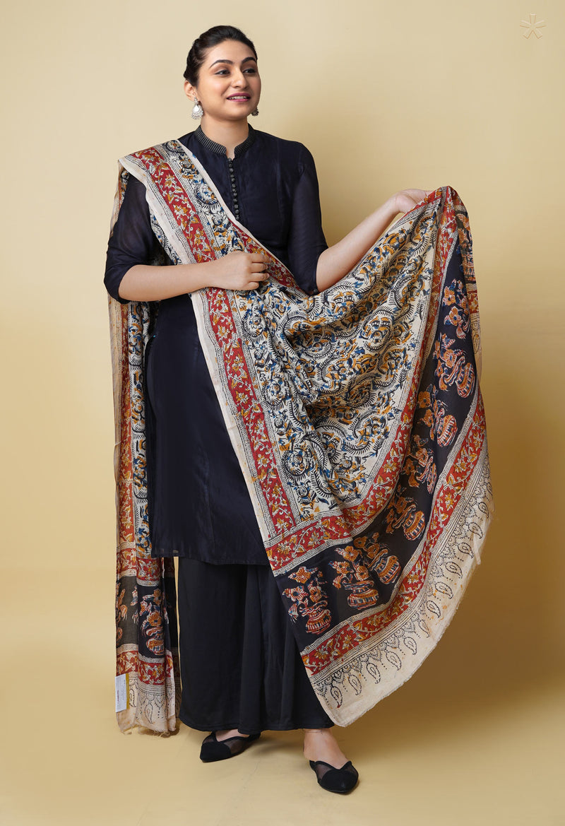 Multi Pure Chanderi Hand Block Printed Kalamkari Dupatta–UDS5193