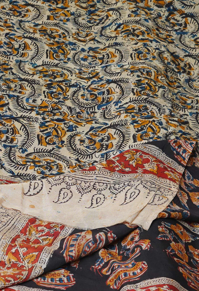 Multi Pure Chanderi Hand Block Printed Kalamkari Dupatta–UDS5193
