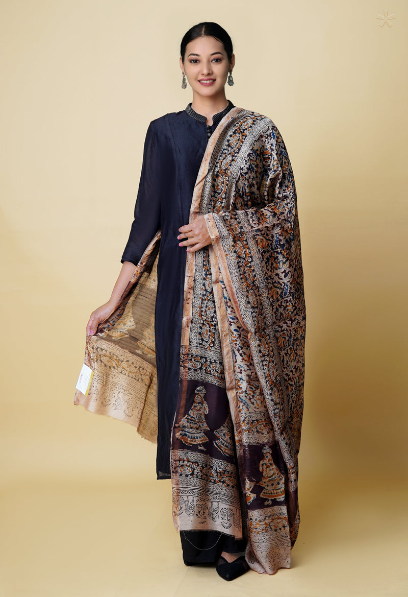 Multi Pure Chanderi Hand Block Printed Kalamkari Dupatta–UDS5195
