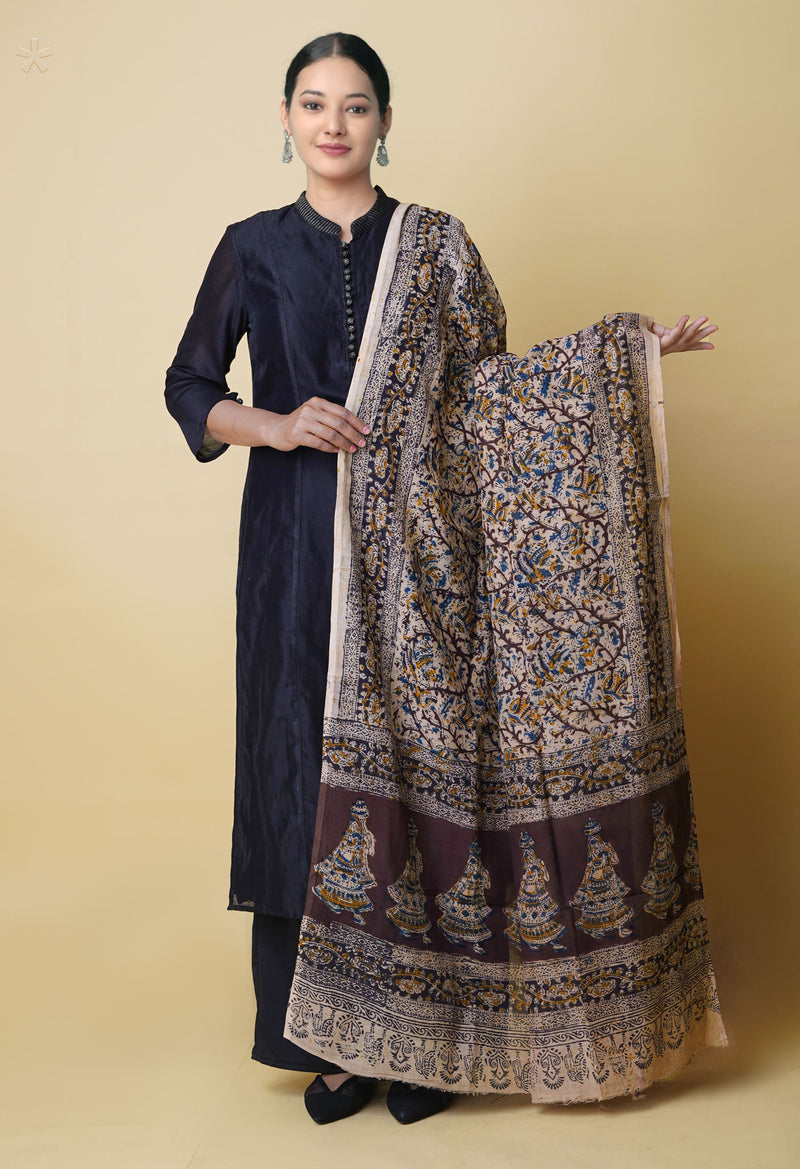 Multi Pure Chanderi Hand Block Printed Kalamkari Dupatta–UDS5196