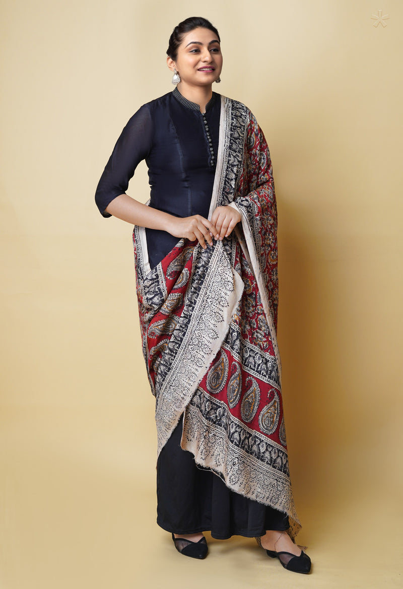 Multi Pure Chanderi Hand Block Printed Kalamkari Dupatta–UDS5198