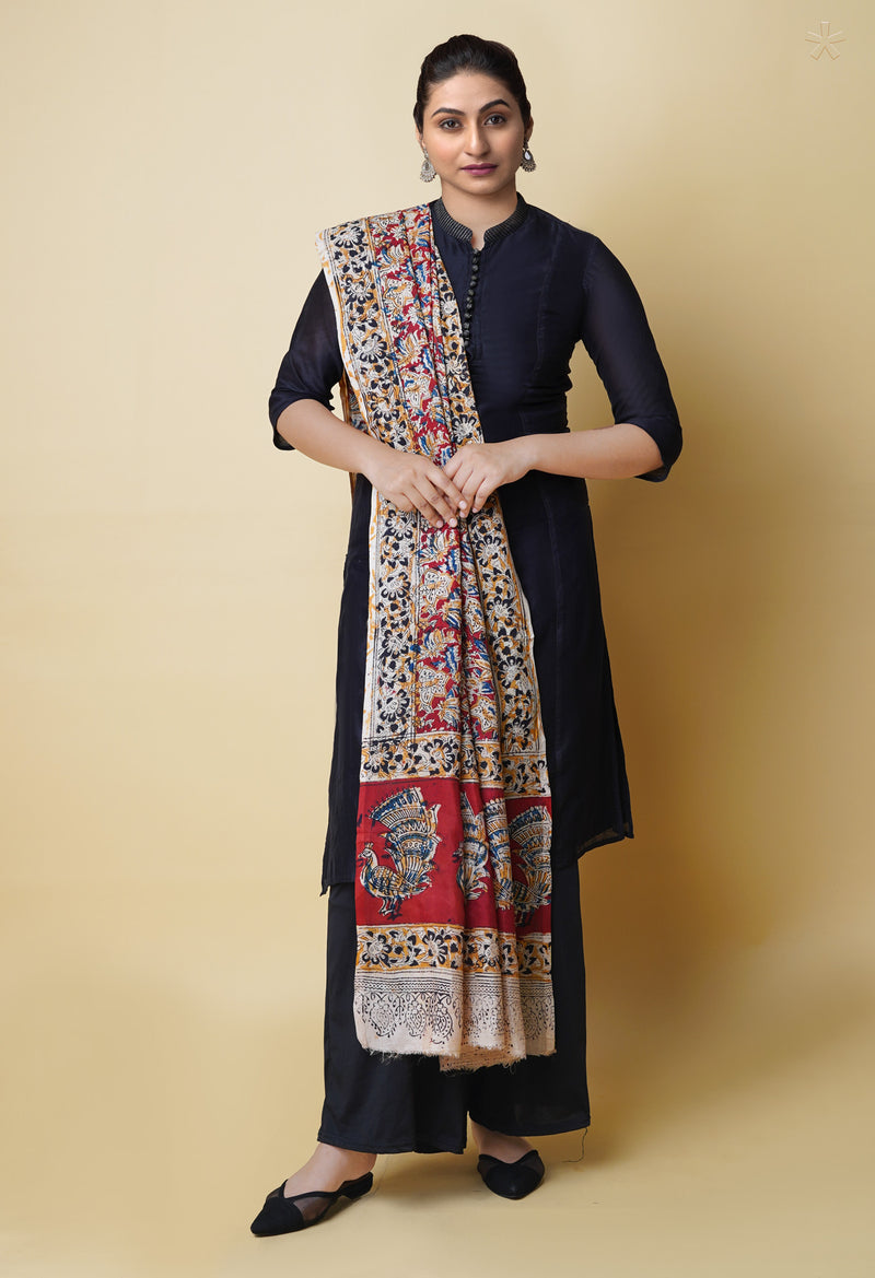 Multi Pure Chanderi Hand Block Printed Kalamkari Dupatta–UDS5208
