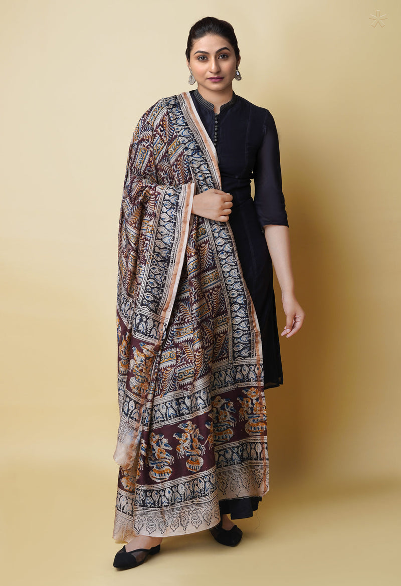 Multi Pure Chanderi Hand Block Printed Kalamkari Dupatta–UDS5211
