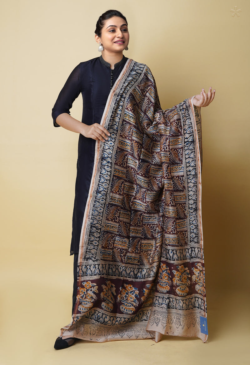 Multi Pure Chanderi Hand Block Printed Kalamkari Dupatta–UDS5211