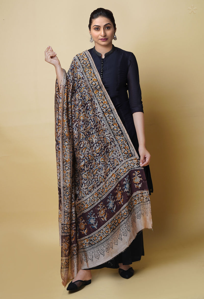Multi Pure Chanderi Hand Block Printed Kalamkari Dupatta–UDS5213