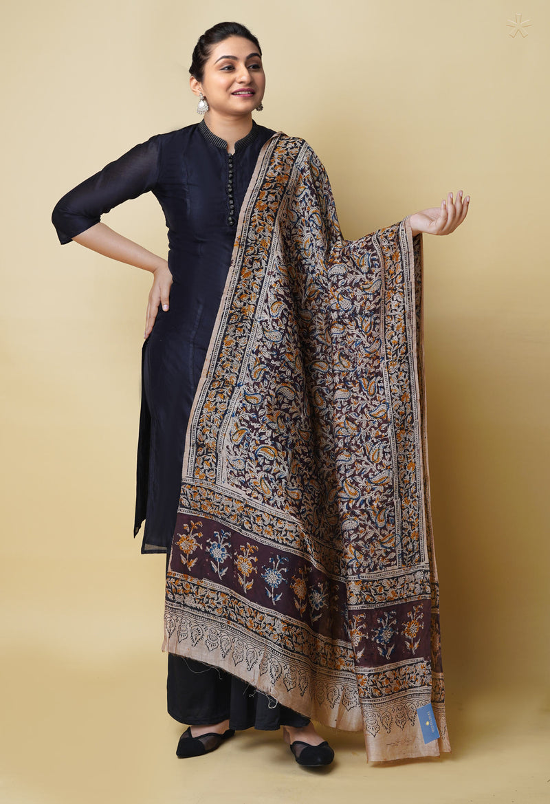 Multi Pure Chanderi Hand Block Printed Kalamkari Dupatta–UDS5213