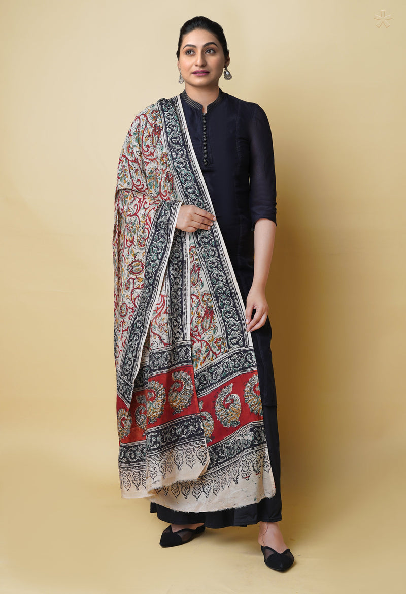 Multi Pure Chanderi Hand Block Printed Kalamkari Dupatta–UDS5215