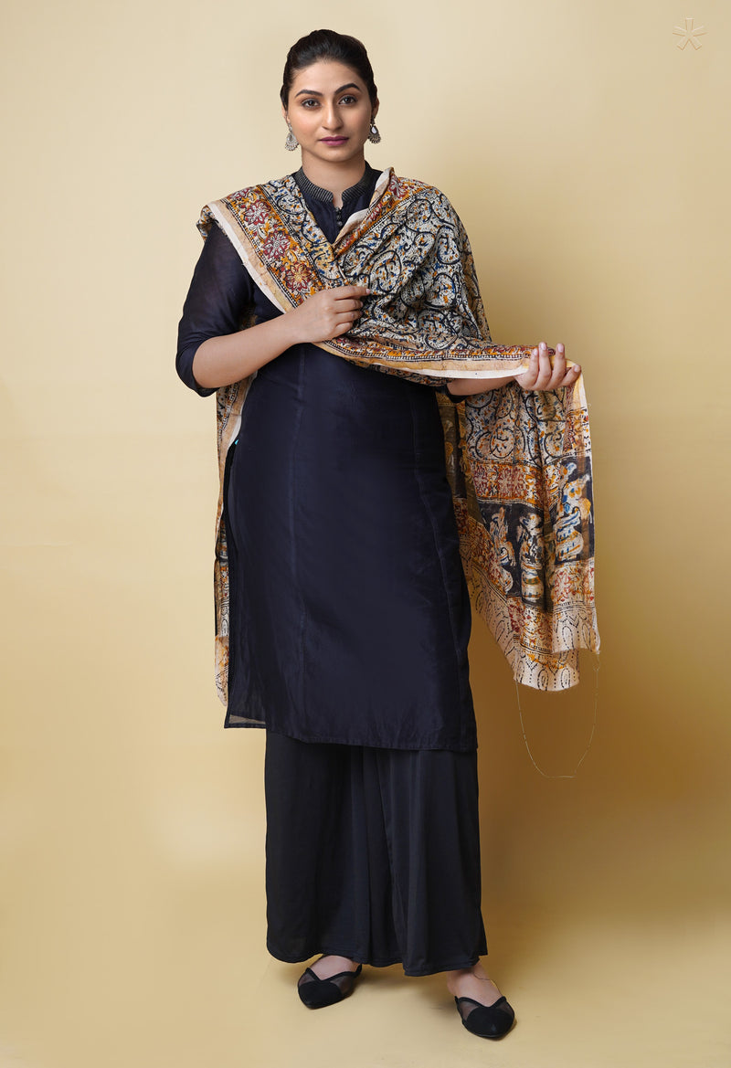 Multi Pure Chanderi Hand Block Printed Kalamkari Dupatta–UDS5216