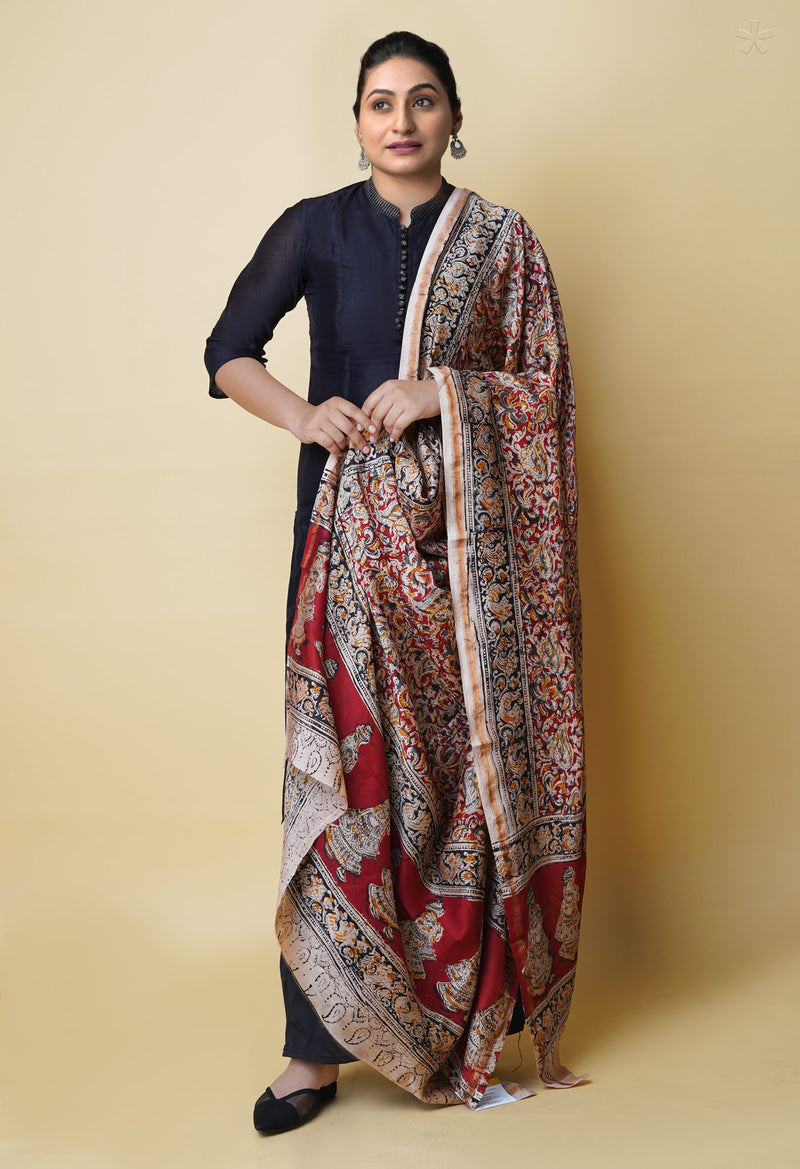 Multi Pure Chanderi Hand Block Printed Kalamkari Dupatta–UDS5217