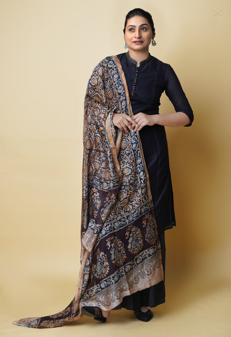 Multi Pure Chanderi Hand Block Printed Kalamkari Dupatta–UDS5218