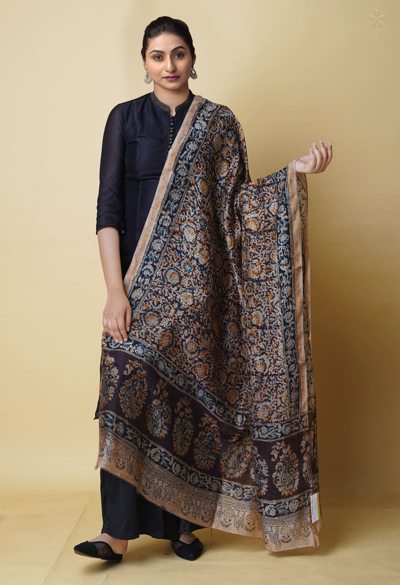 Multi Pure Chanderi Hand Block Printed Kalamkari Dupatta–UDS5218