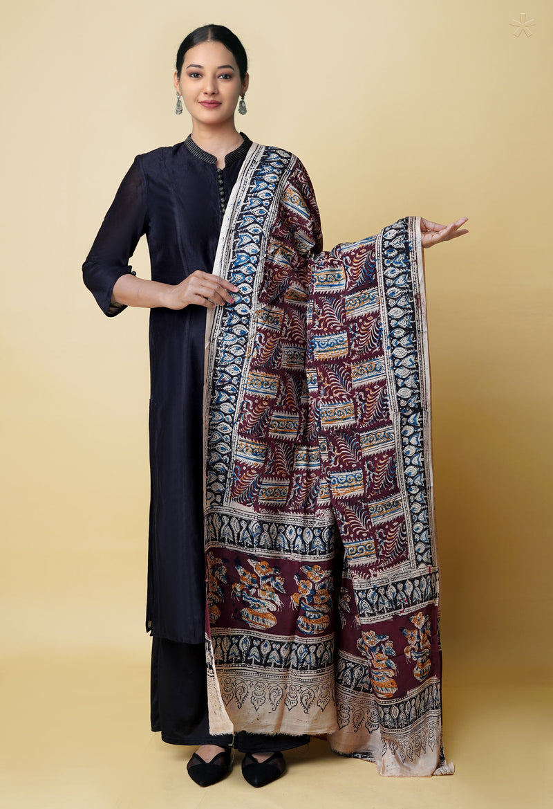 Multi Pure Hand Block Kalamkari Soft Silk Dupatta–UDS5223