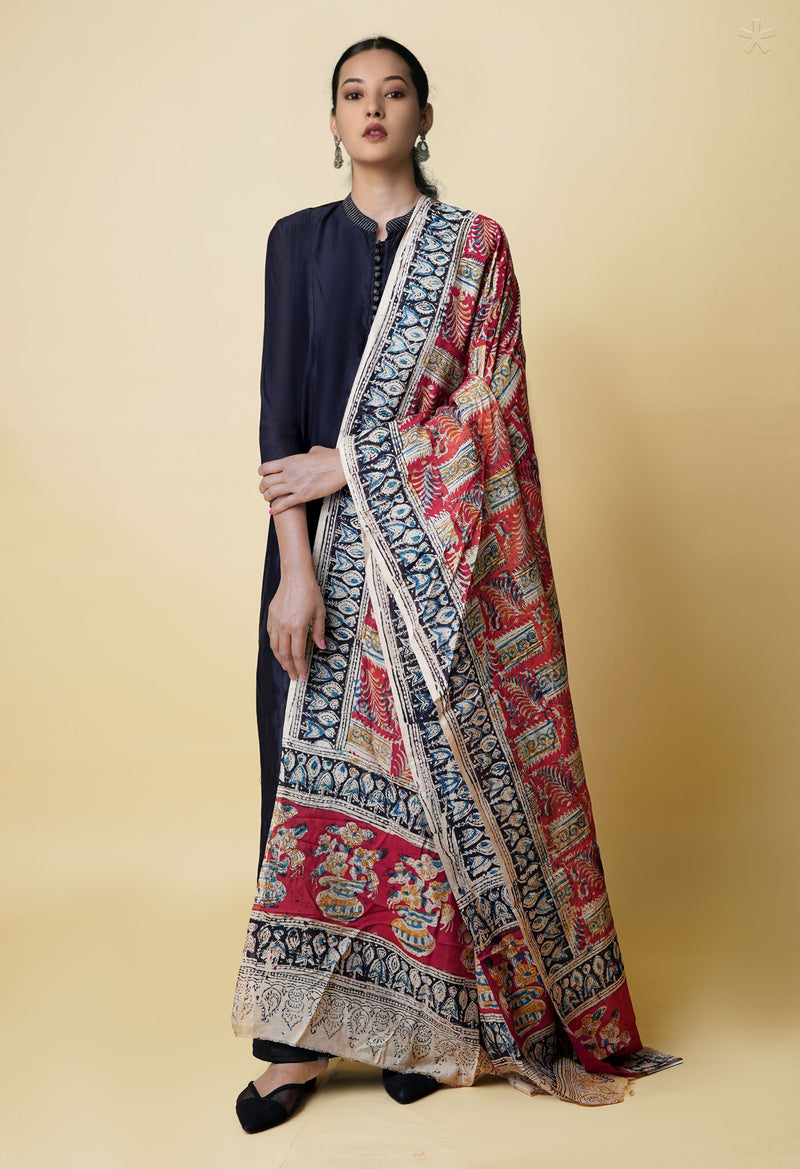 Multi Pure Hand Block Kalamkari Soft Silk Dupatta–UDS5225