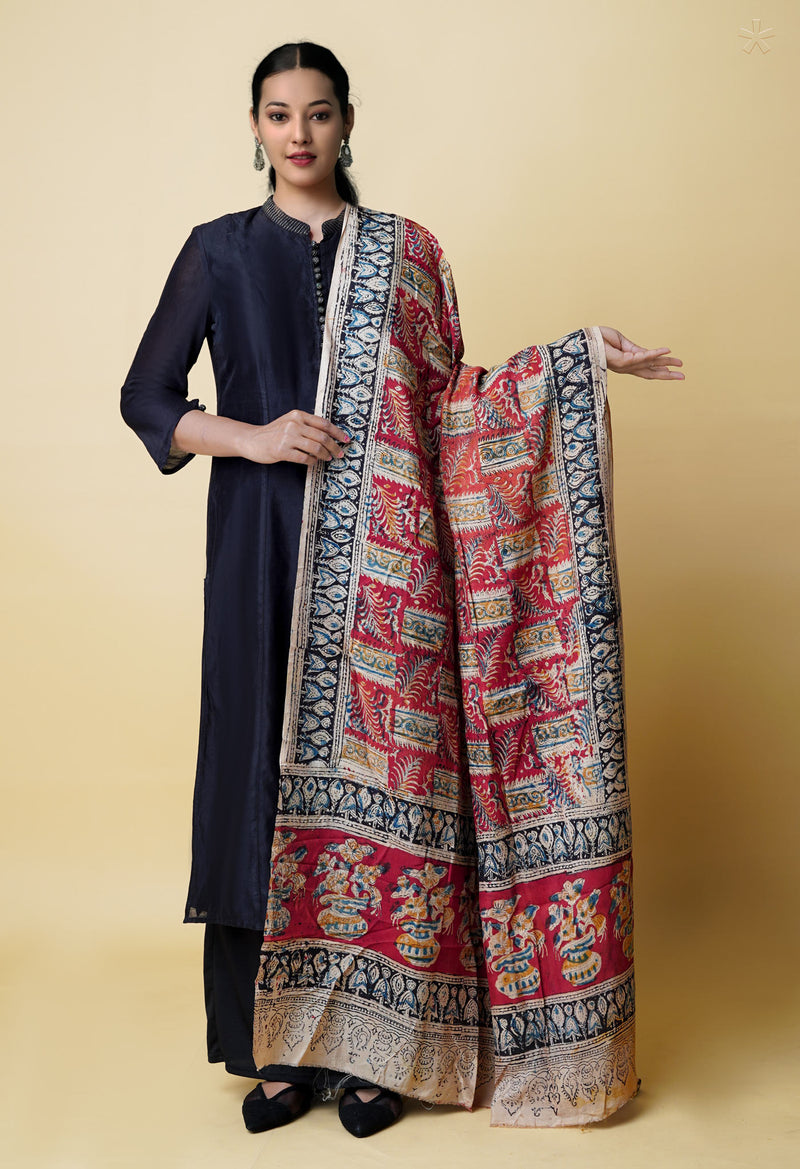 Multi Pure Hand Block Kalamkari Soft Silk Dupatta–UDS5225