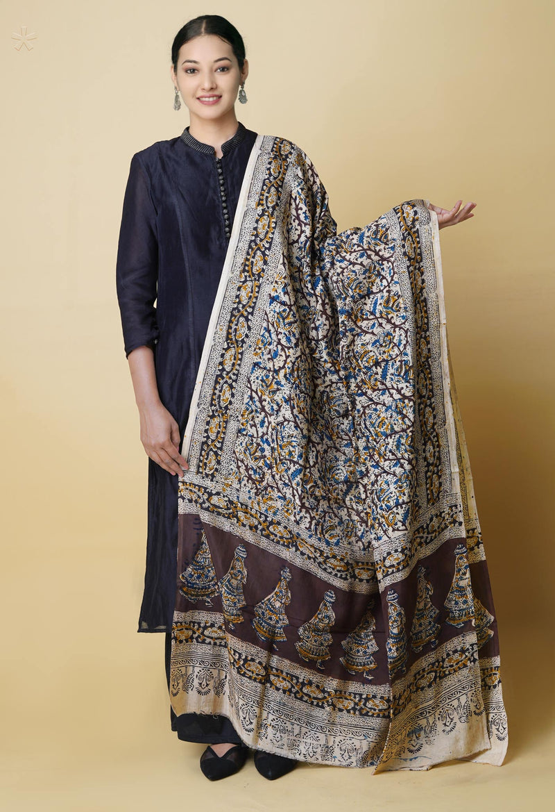 Multi Pure Hand Block Kalamkari Soft Silk Dupatta–UDS5242