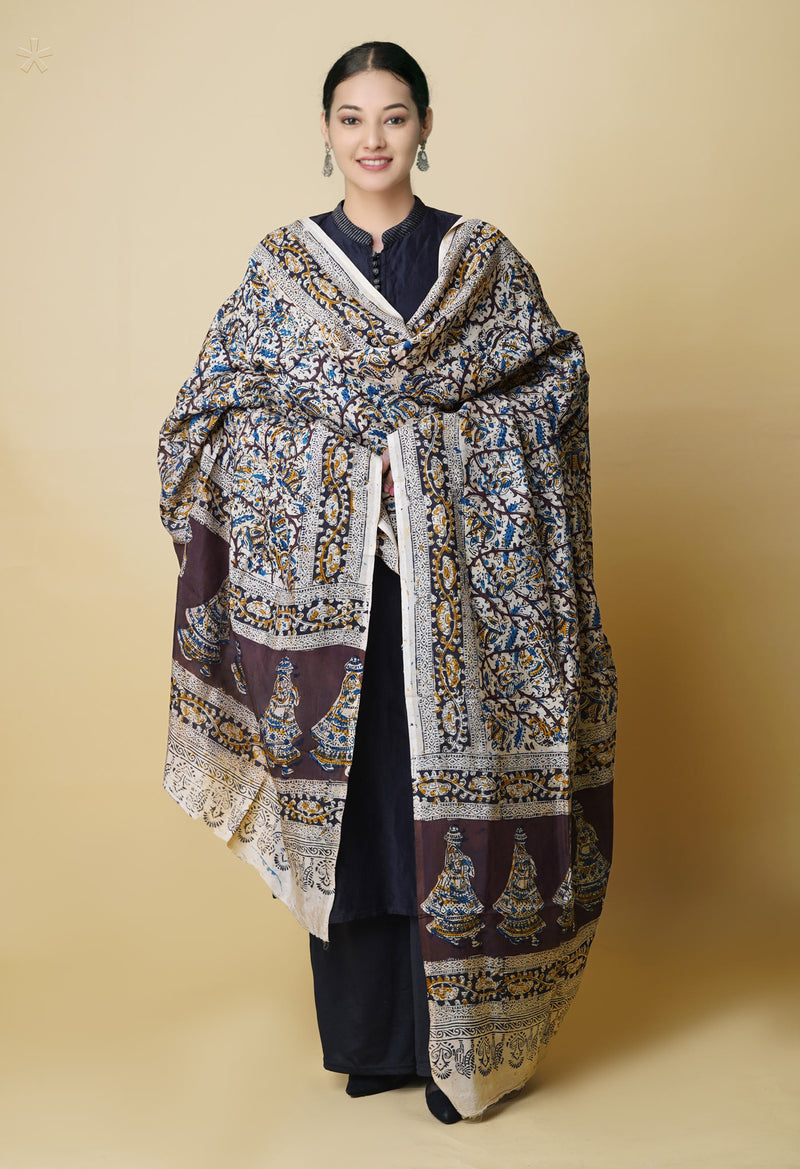 Multi Pure Hand Block Kalamkari Soft Silk Dupatta–UDS5242