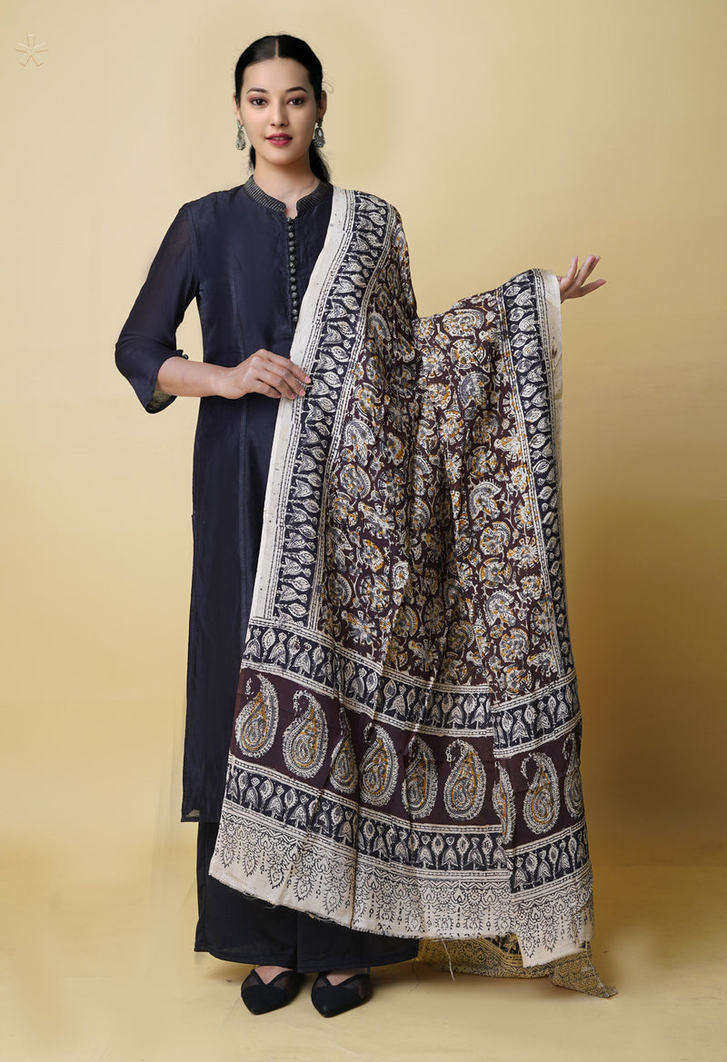 Multi Pure Hand Block Kalamkari Soft Silk Dupatta–UDS5249