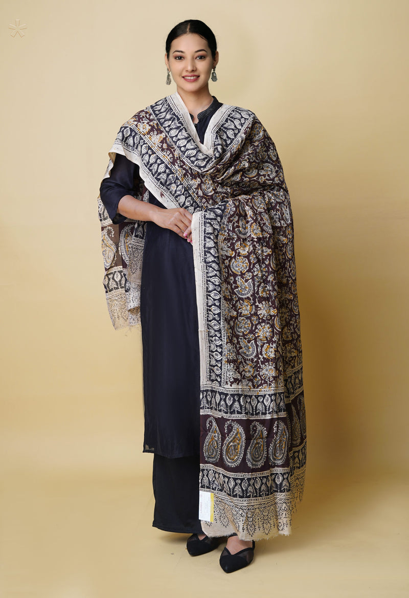 Multi Pure Hand Block Kalamkari Soft Silk Dupatta–UDS5249