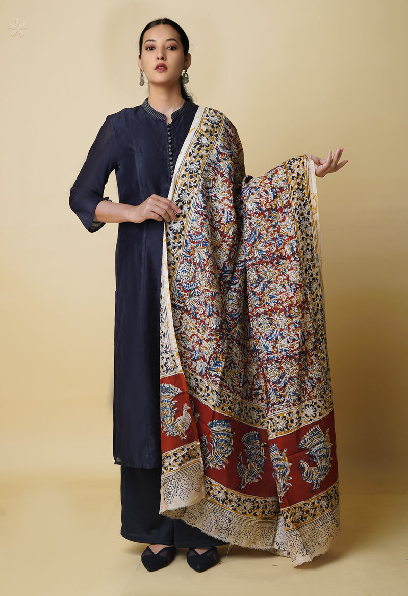 Multi Pure Hand Block Kalamkari Soft Silk Dupatta–UDS5250